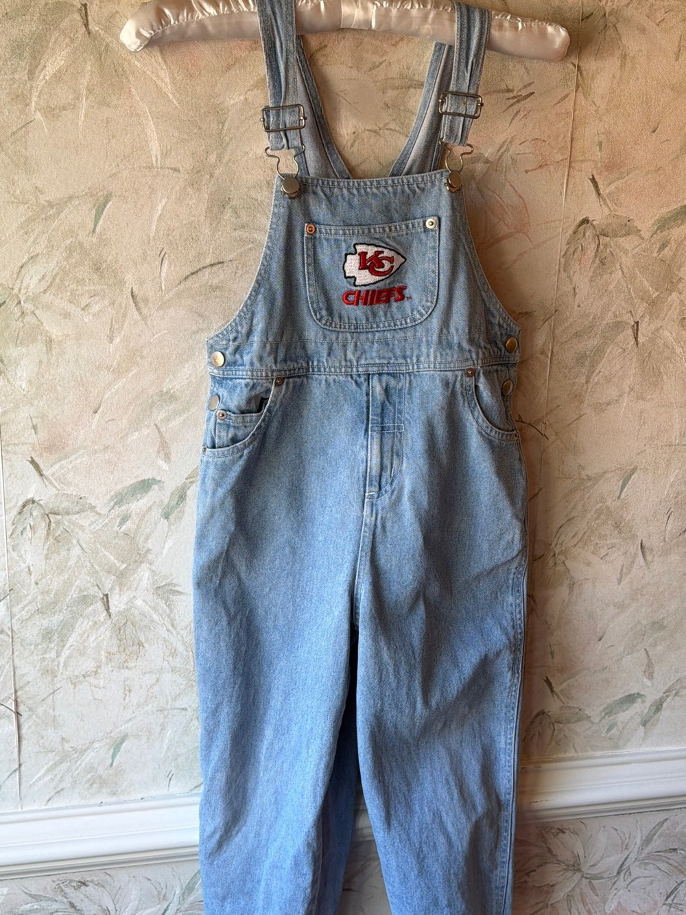Vintage 90s Kansas City Chiefs Denim Overalls Kids Toddler NFL 4t 5t